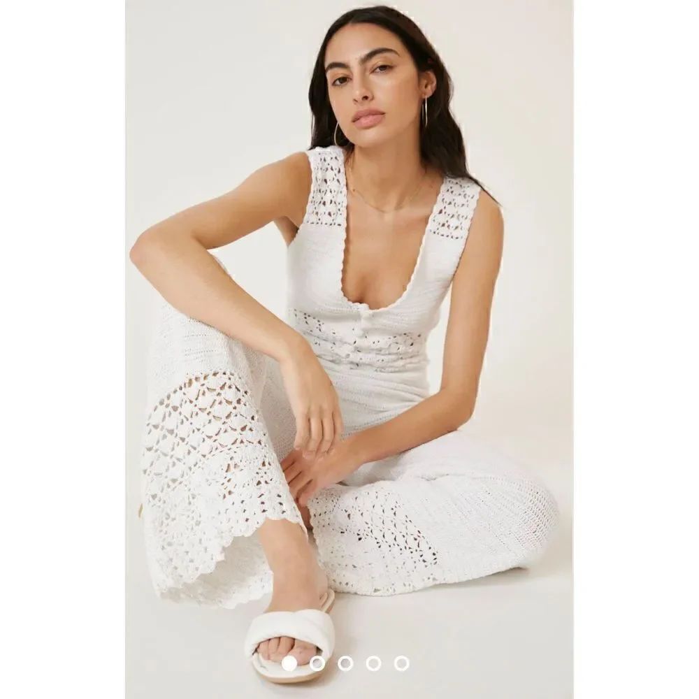Magali Pascal Ingrid V Neck Button-Front Crochet Jumpsuit NWT Size Medium
